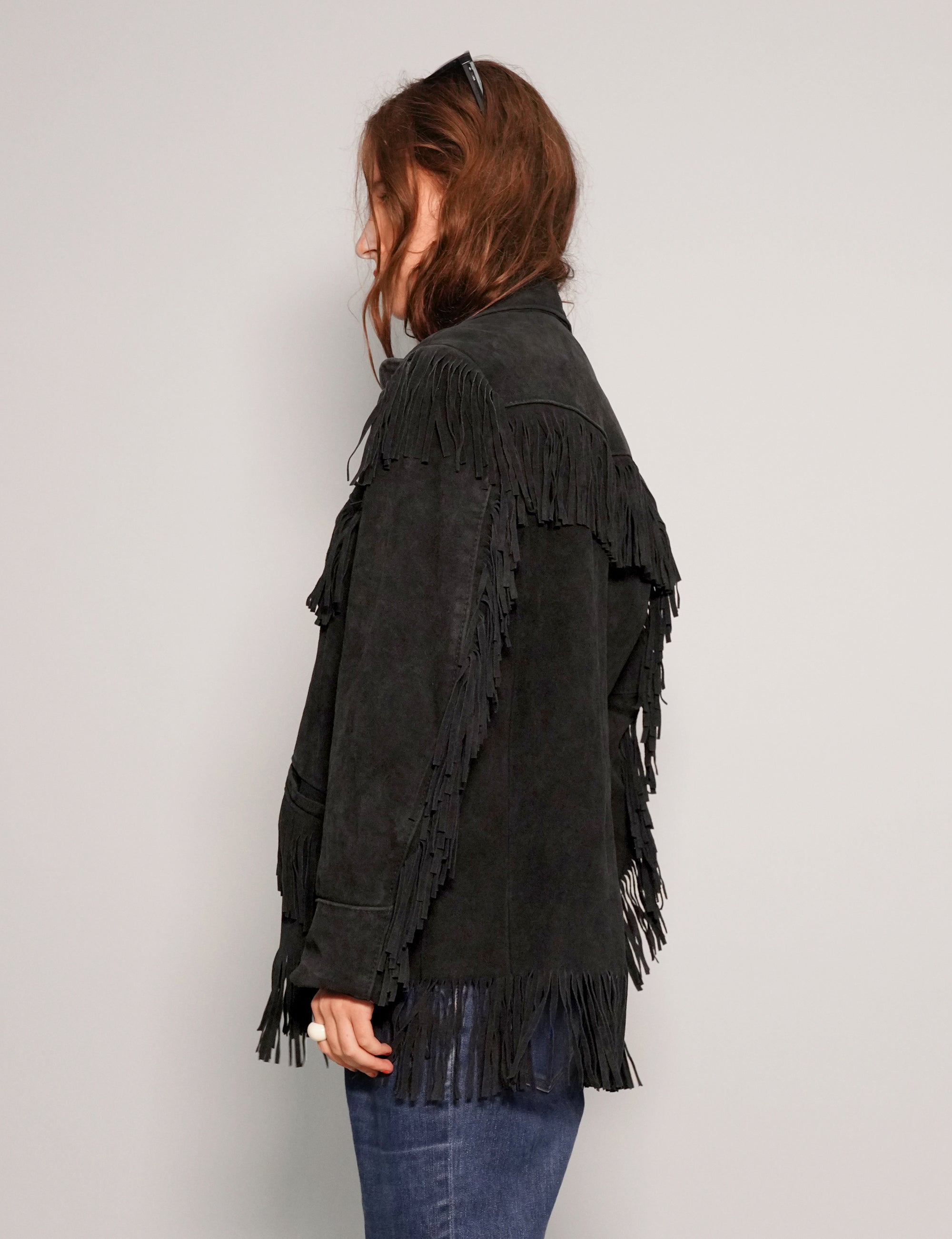 Women's Vintage Fringe Leather Jacket in Black | Stuart Trevor