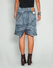 'Peace' Laser Print Denim Jean Skirt in Blue