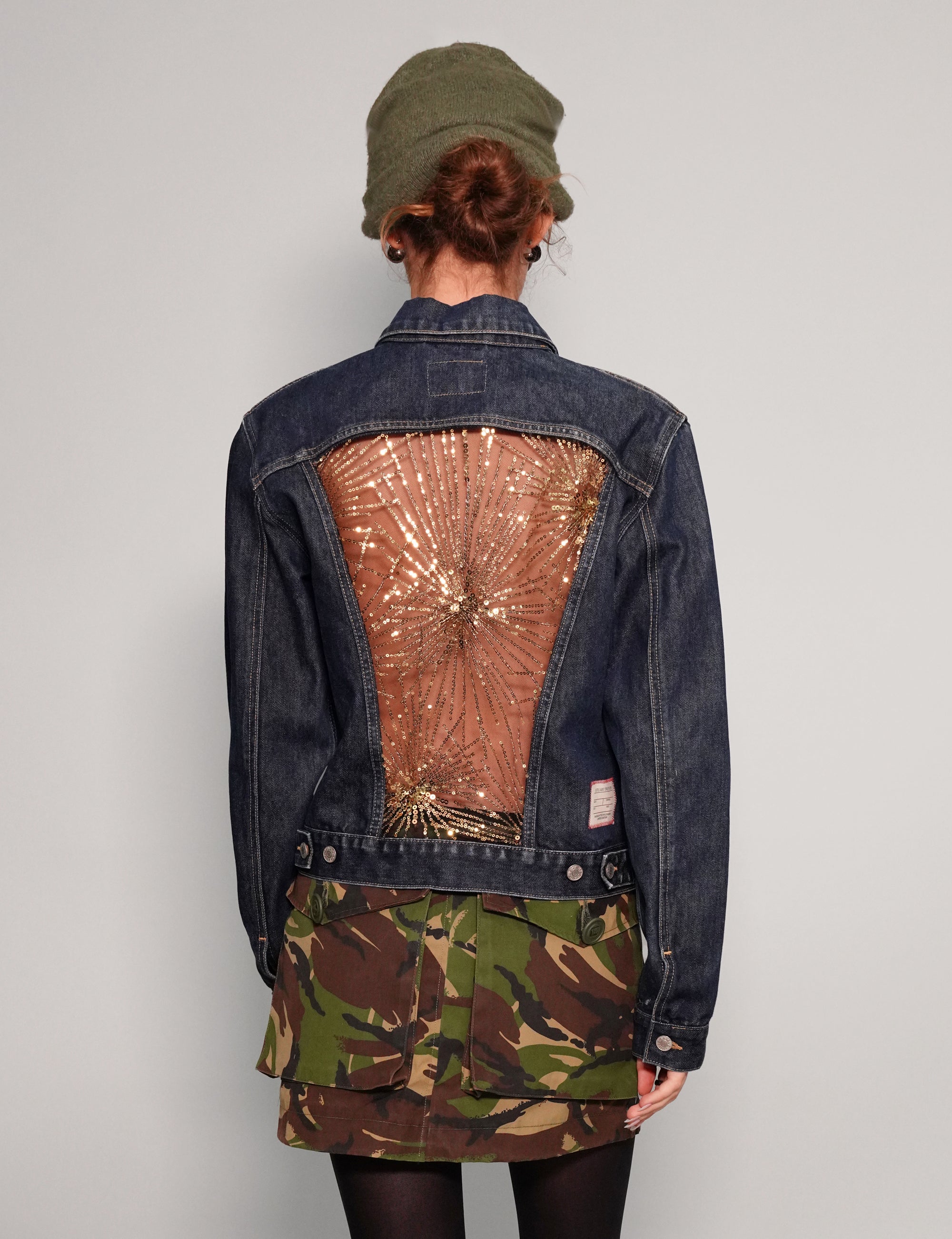 Women's Vintage Blue Denim Jacket with Gold Sequin Sheer Back | Stuart Trevor
