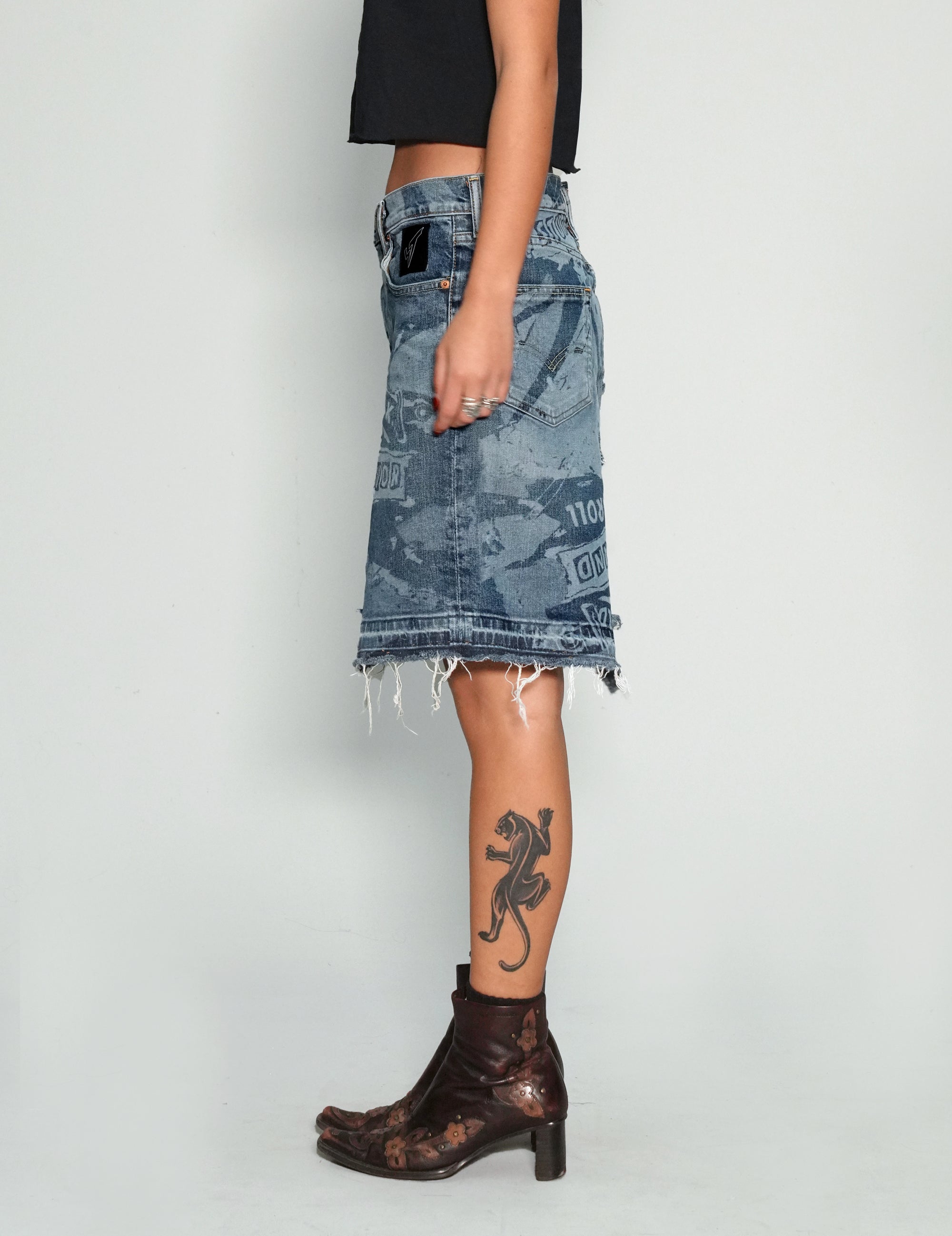 'Peace' Laser Print Denim Jean Skirt in Blue