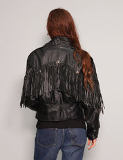 Women's Vintage Cropped Leather Fringe Jacket in Black | Stuart Trevor