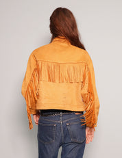 Women's Faux Leather Fringe Jacket in Mustard Yellow | Stuart Trevor