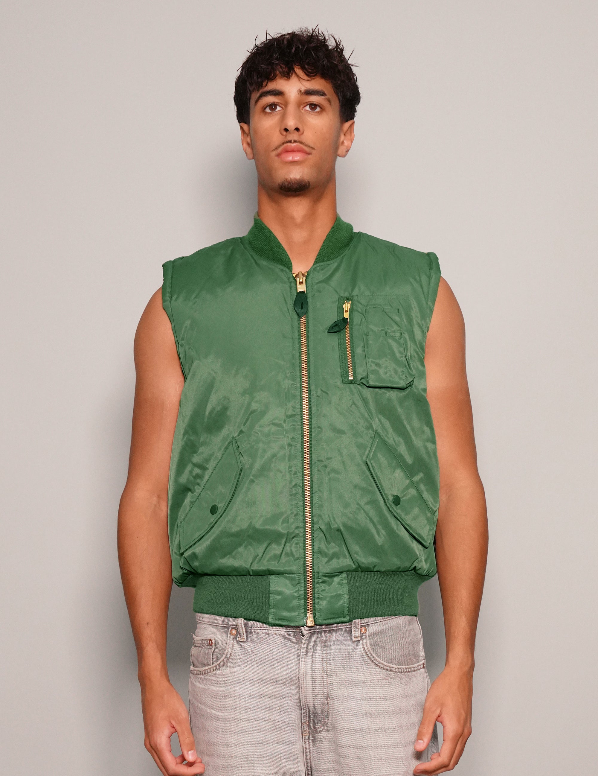 Men's Bomber Gilet Jacket in Green with Patch | Stuart Trevor