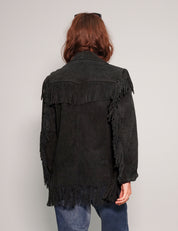 Women's Vintage Fringe Leather Jacket in Black | Stuart Trevor