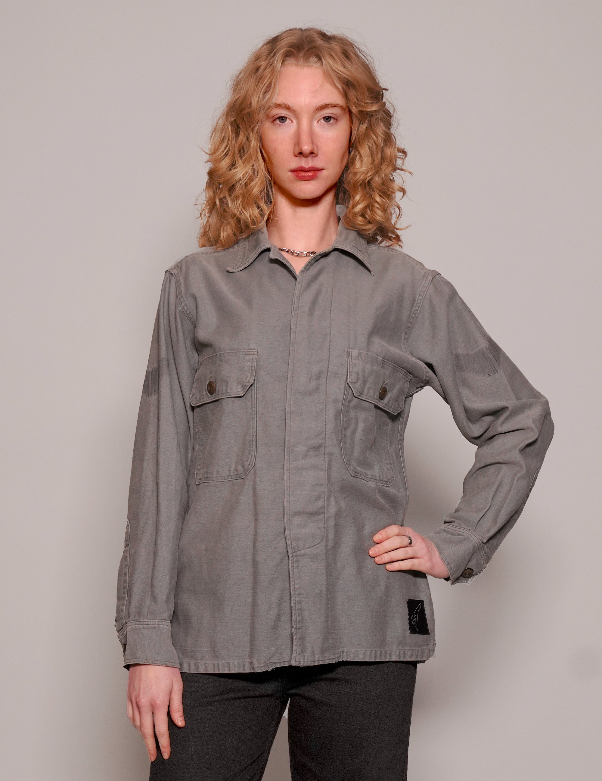 Women's Vintage Grey Denim Shirt with Sequin Embroidered Back | Stuart Trevor