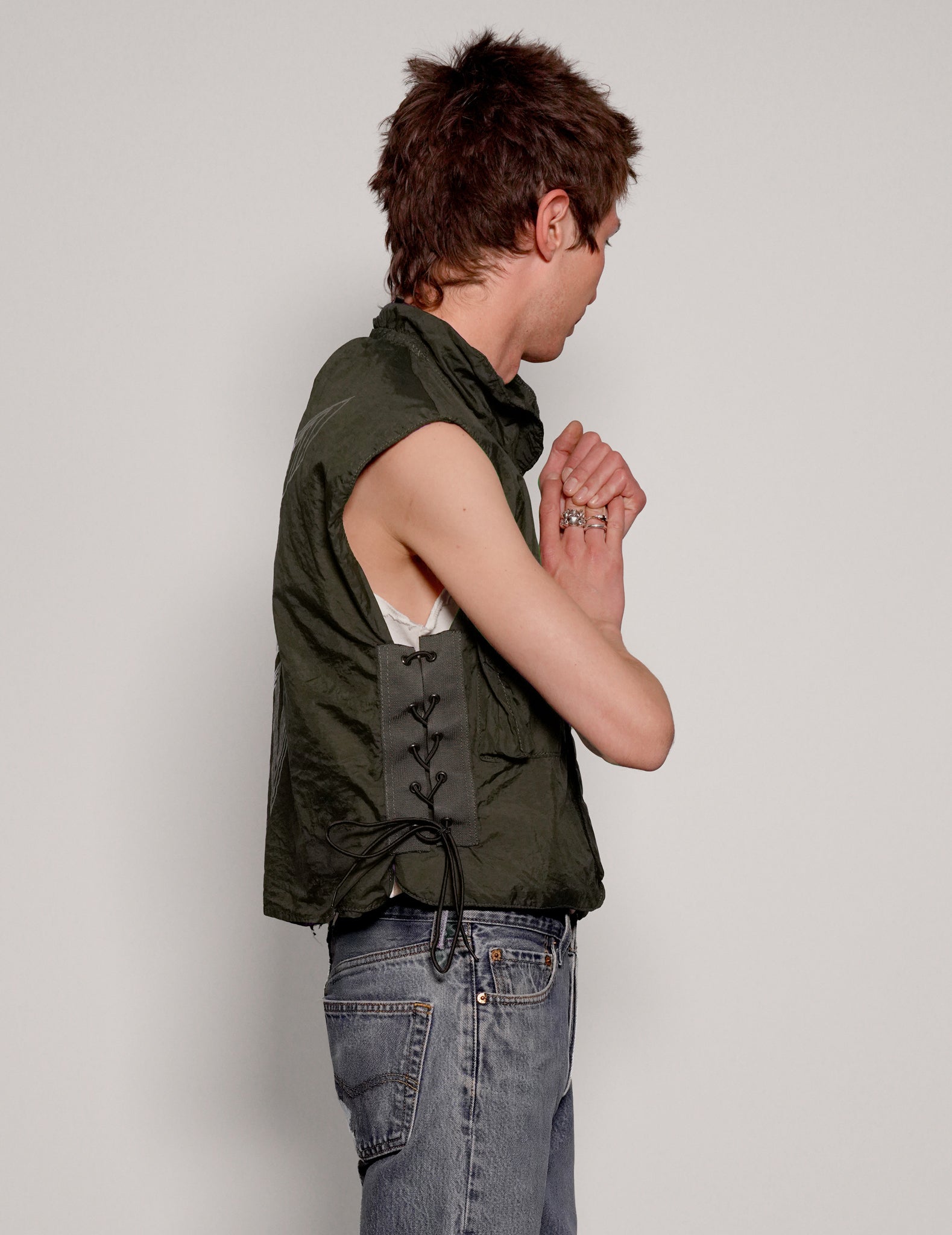 Men's Vintage Military Flak Gilet Jacket in Khaki Green | Stuart Trevor