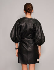 Women's Vintage Black Leather Mini Dress with Puff Sleeve| Stuart Trevor
