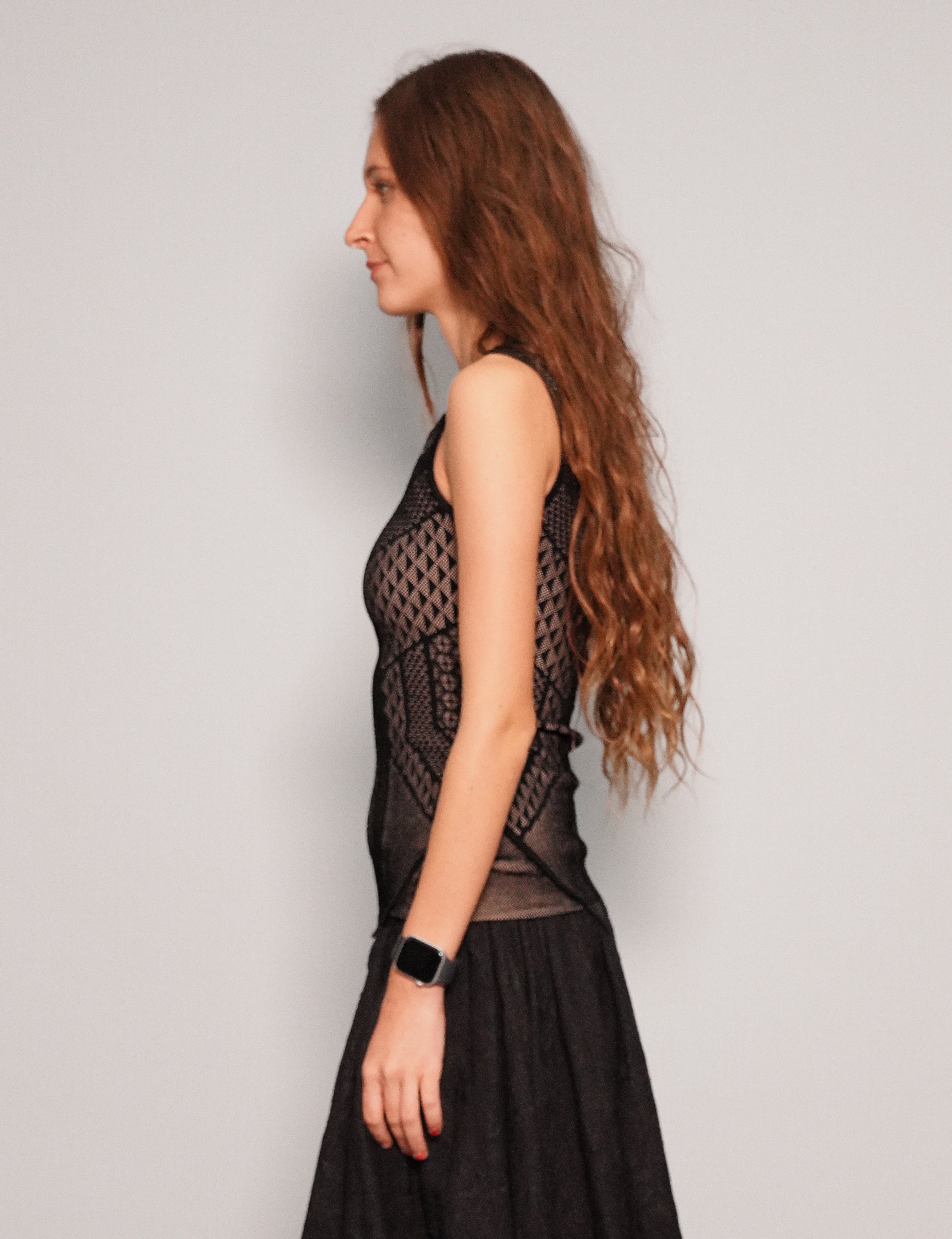 Women's Vintage Two-Tone Vest Top with Geometric Pattern in Black | Stuart Trevor
