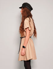 Women's Mini Smock Dress with Puff Sleeves in Beige| Stuart Trevor