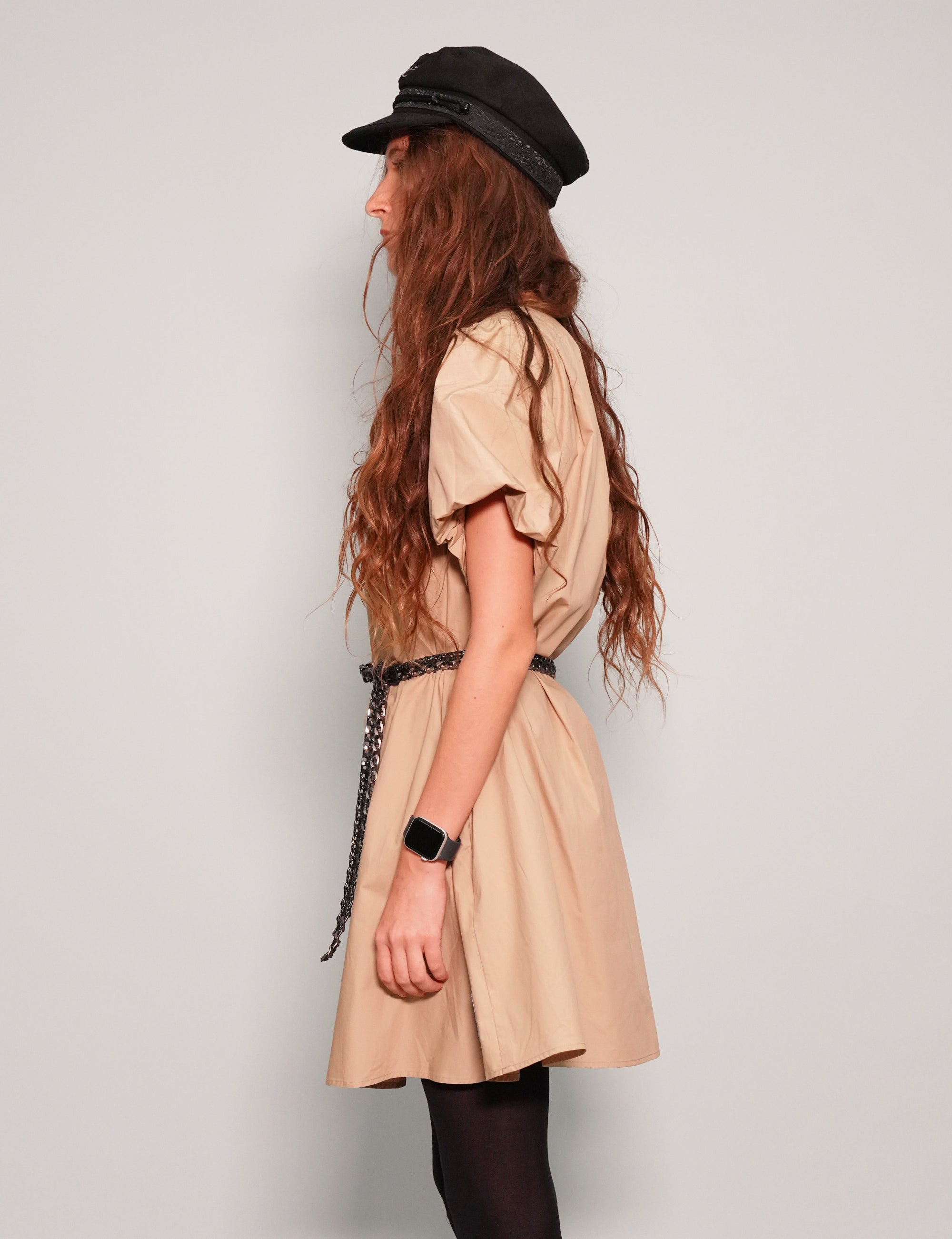 Women's Mini Smock Dress with Puff Sleeves in Beige| Stuart Trevor