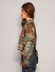 Women's Vintage Cropped Camo Army Shirt with Gold Sequin Sheer Back | Stuart Trevor