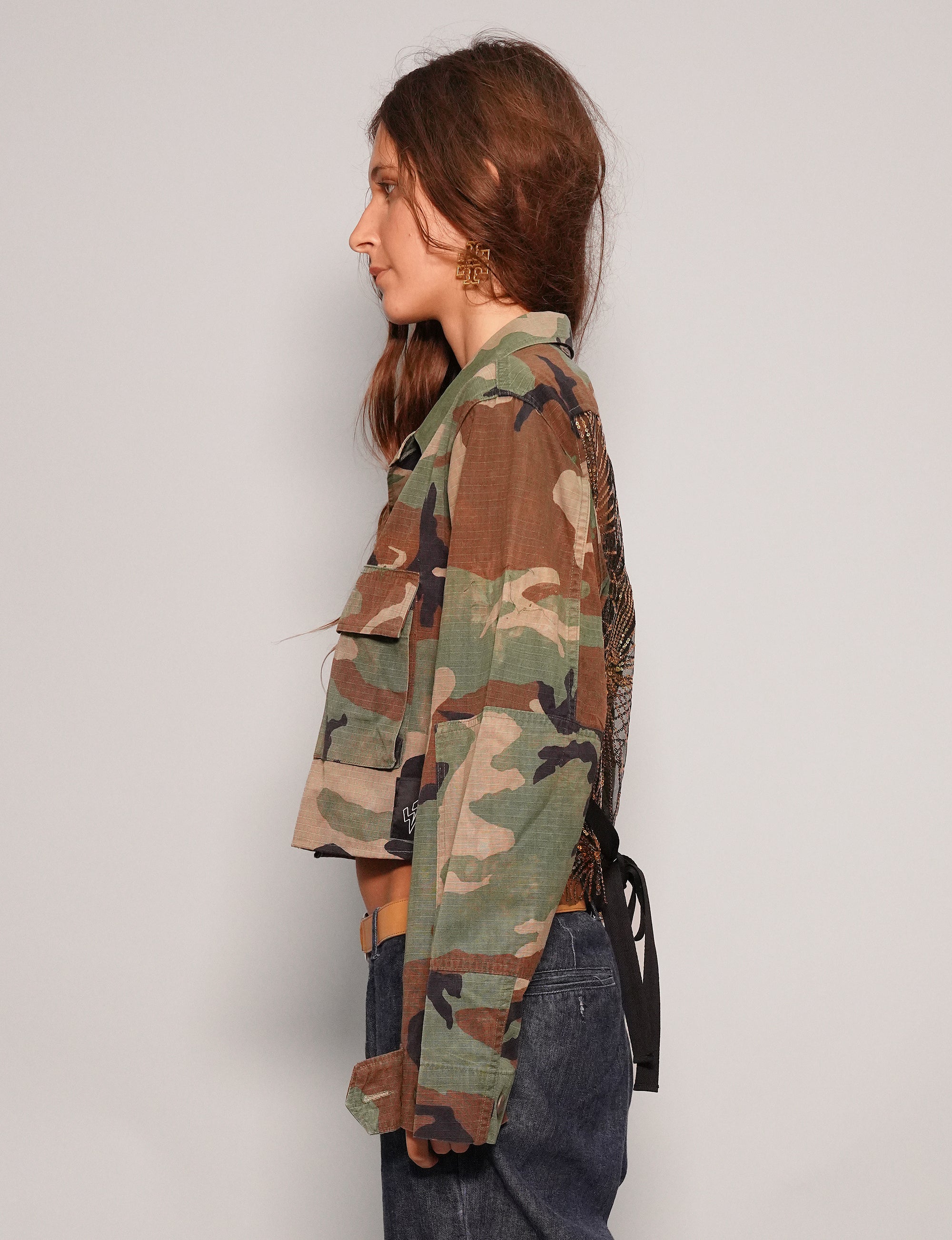 Women's Vintage Cropped Camo Army Shirt with Gold Sequin Sheer Back | Stuart Trevor