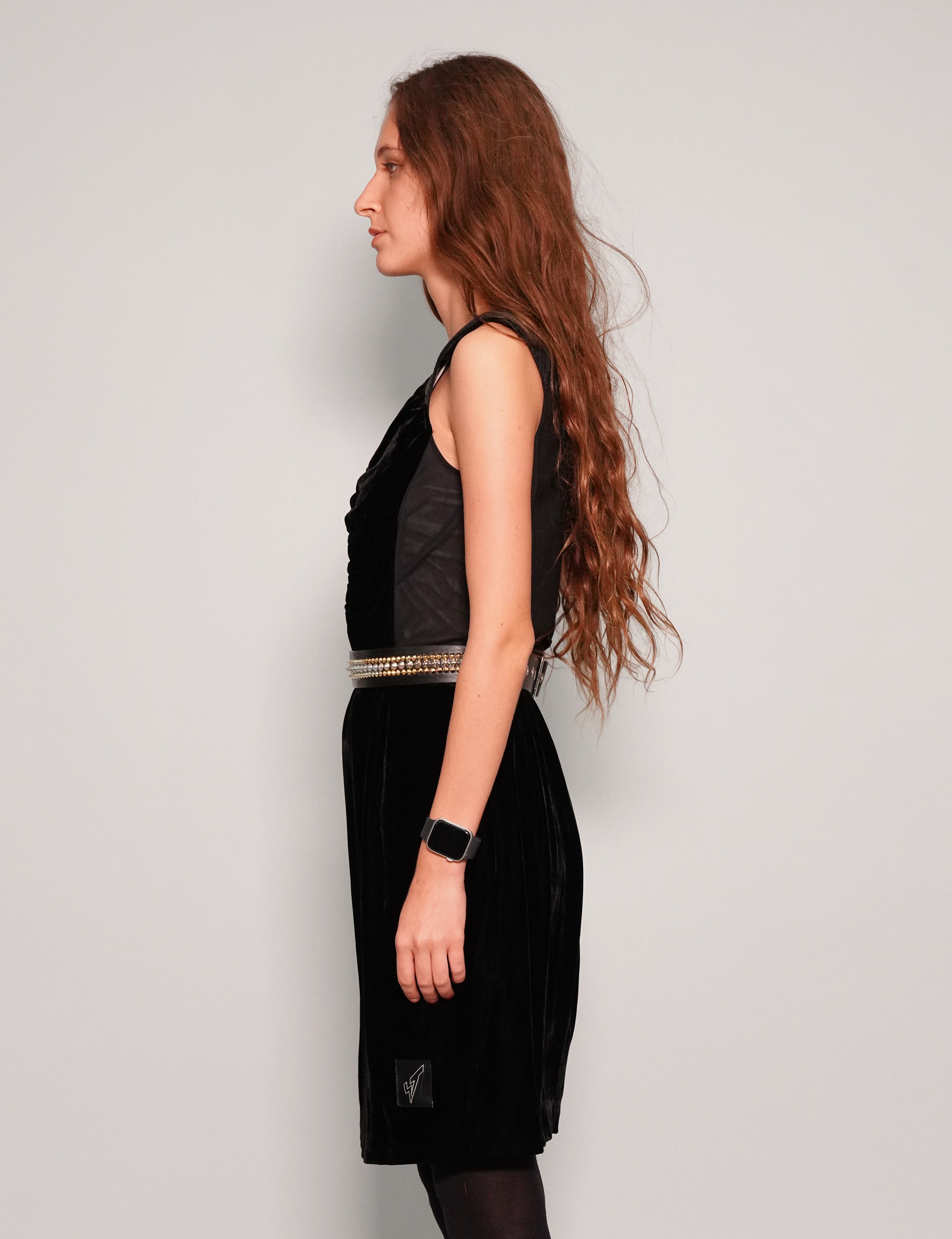 Women's Vintage Velvet Mini Dress with Studded Neckline in Black | Stuart Trevor