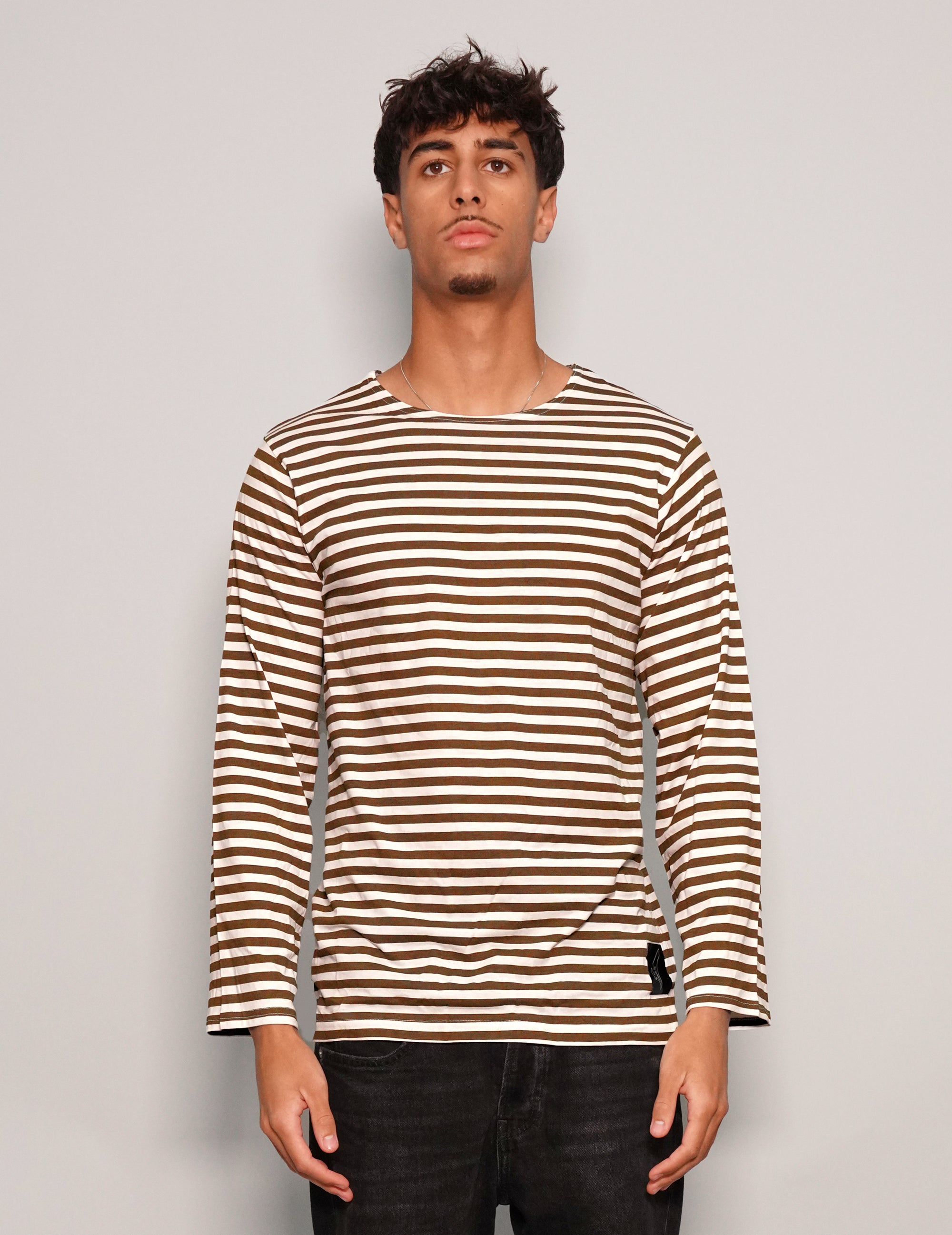 Men's Vintage Khaki Striped Long Sleeve T-Shirt | Stuart Trevor