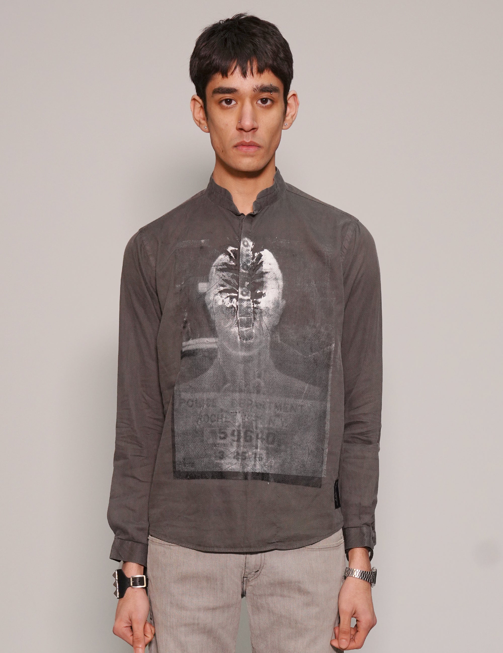 Men's Dark Grey Grandad Shirt with David Bowie Print | Stuart Trevor