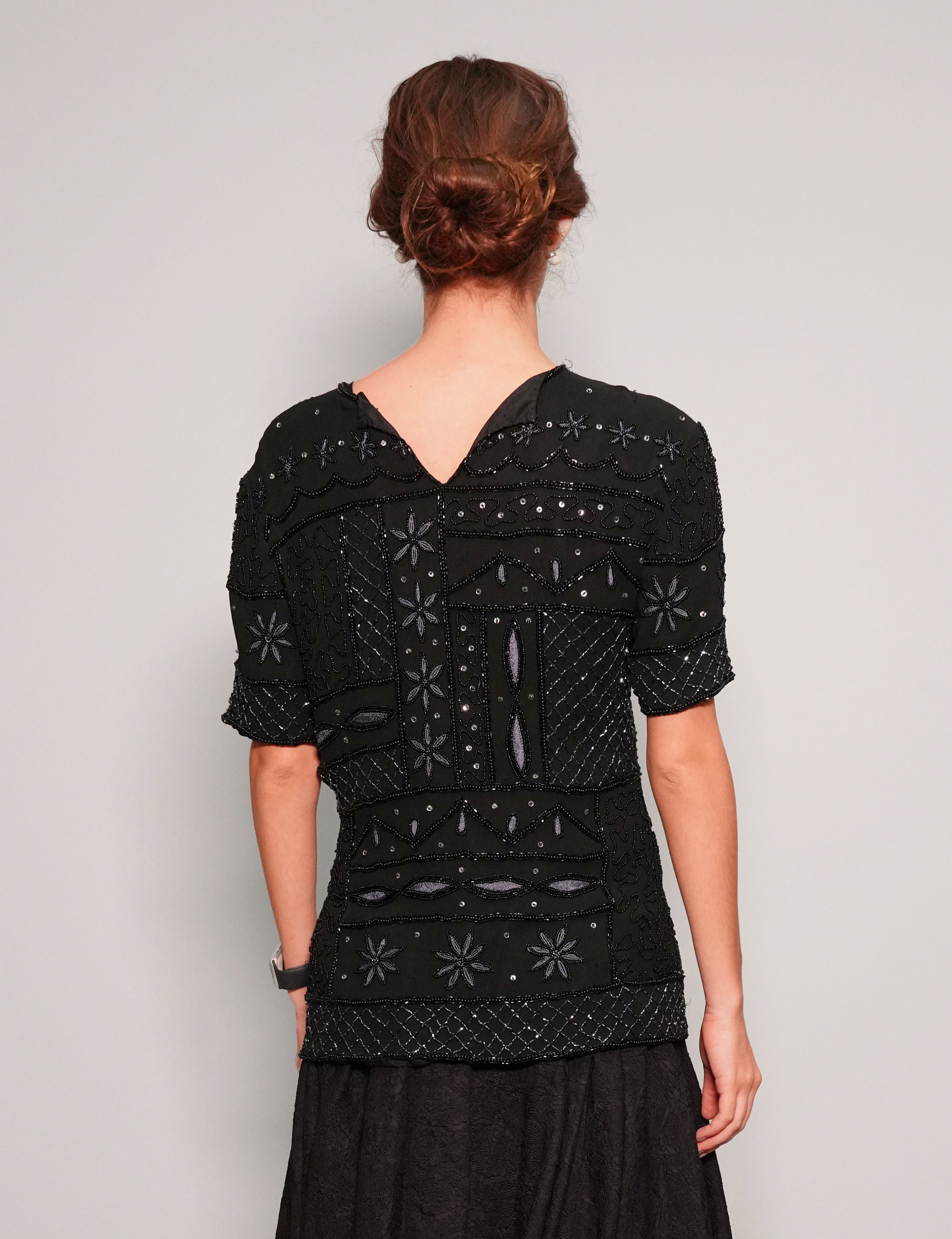 Women's Vintage Sequin Beaded Top in Black | Stuart Trevor