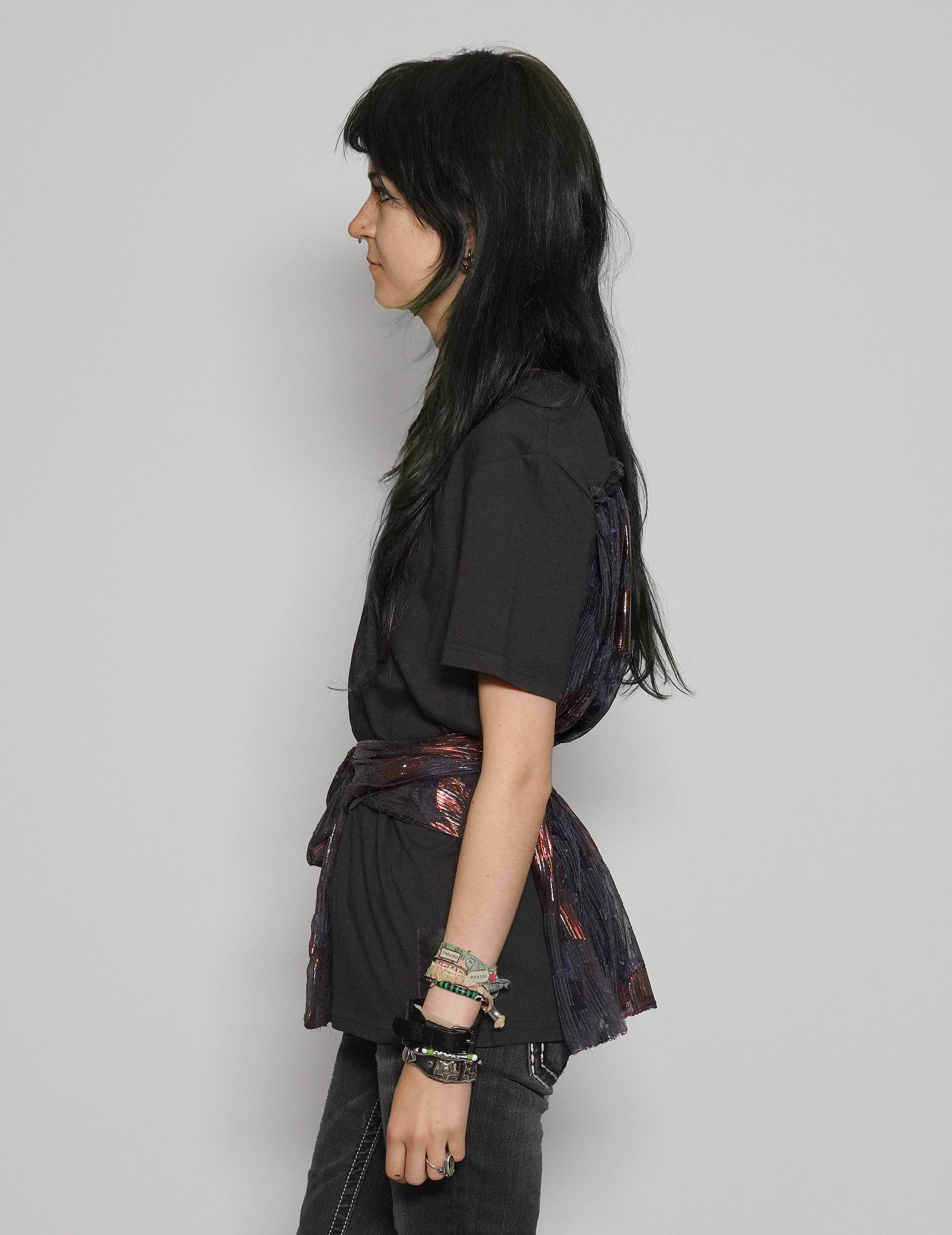 Women's Black T-Shirt with Blue & Gold Sequin Tie Back | Stuart Trevor