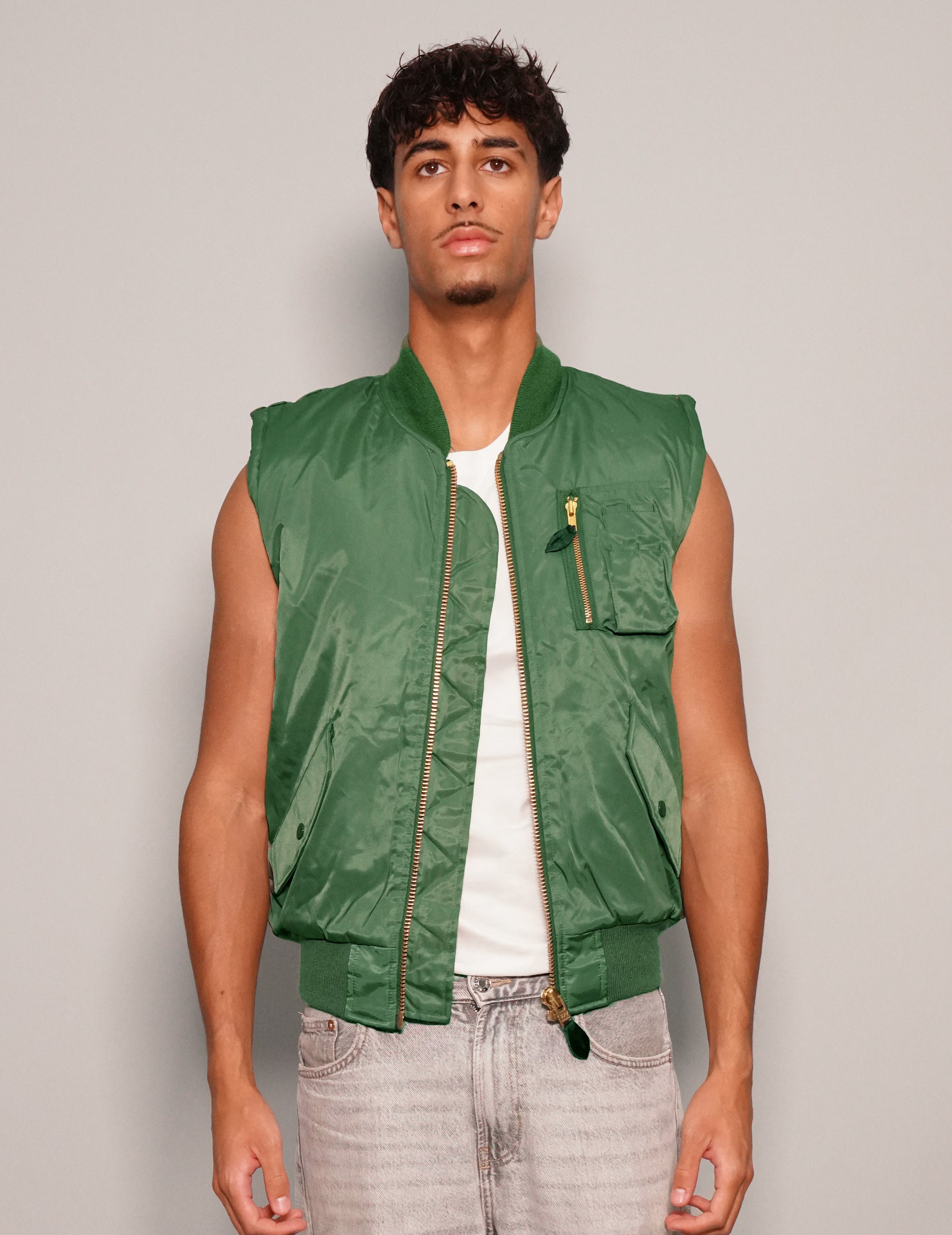 Men's Bomber Gilet Jacket in Green with Patch | Stuart Trevor