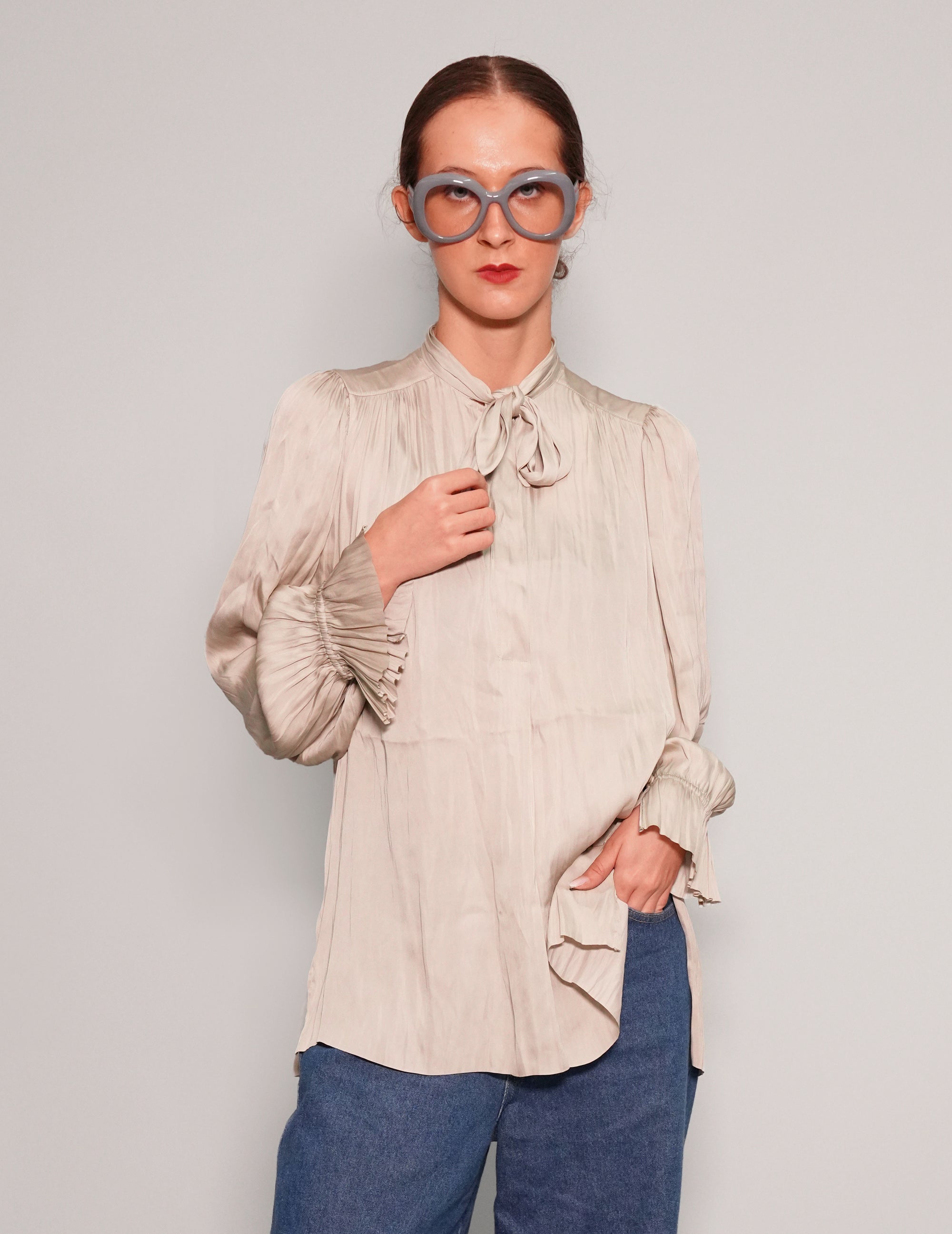 Women's Vintage Tie Neck Blouse in Beige | Stuart Trevor