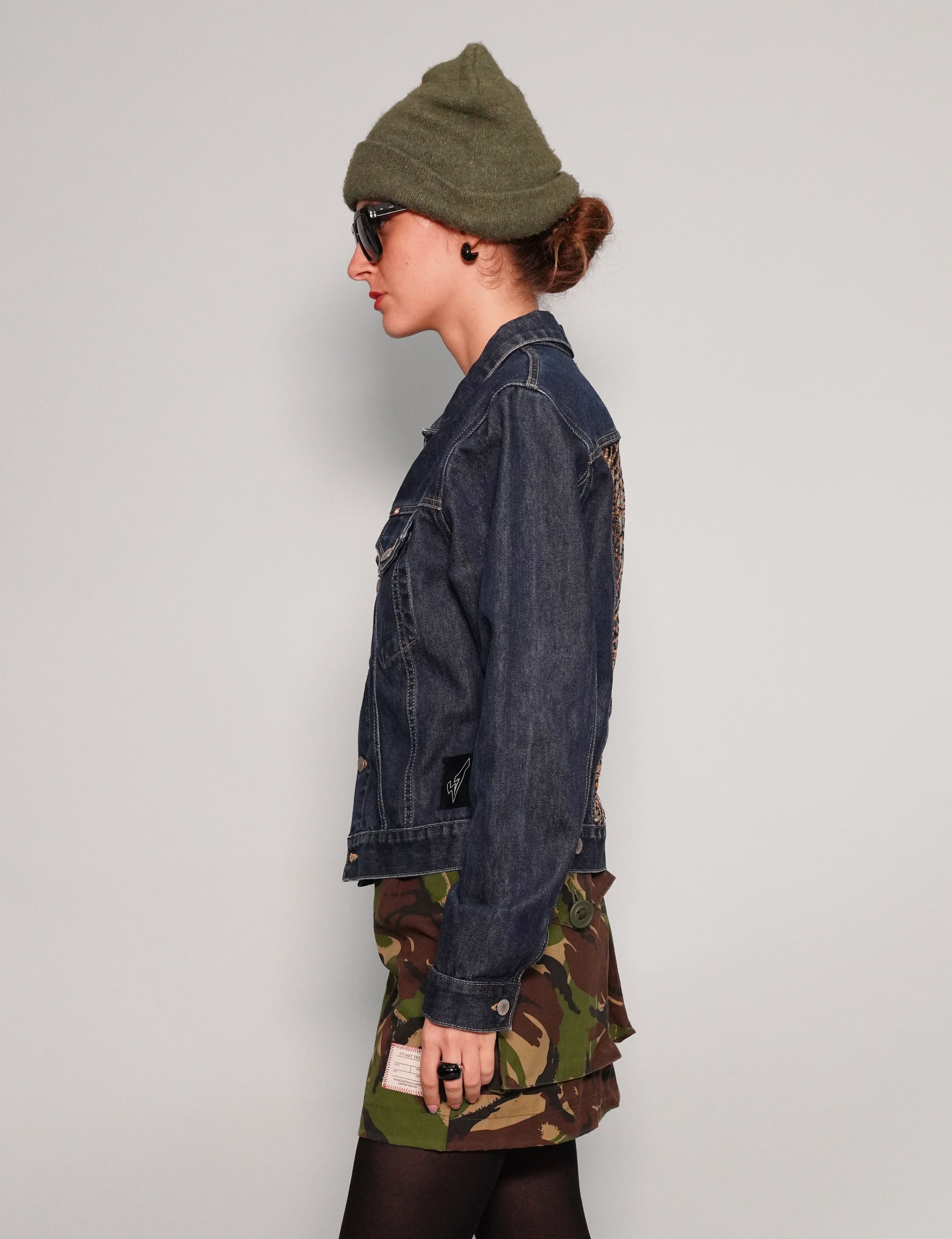 Women's Vintage Blue Denim Jacket with Gold Sequin Sheer Back | Stuart Trevor