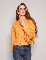 Women's Faux Leather Fringe Jacket in Mustard Yellow | Stuart Trevor