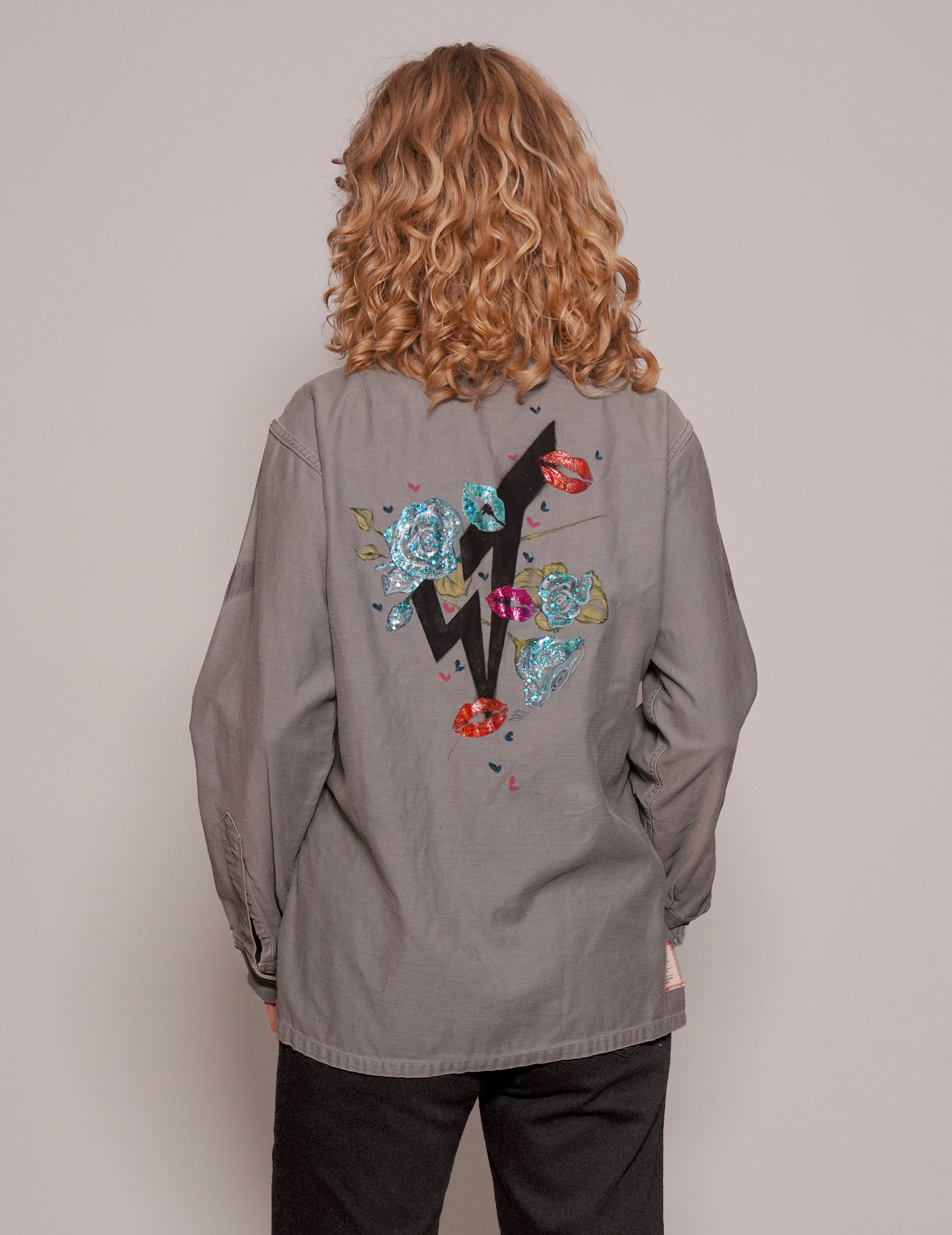 Women's Vintage Grey Denim Shirt with Sequin Embroidered Back | Stuart Trevor