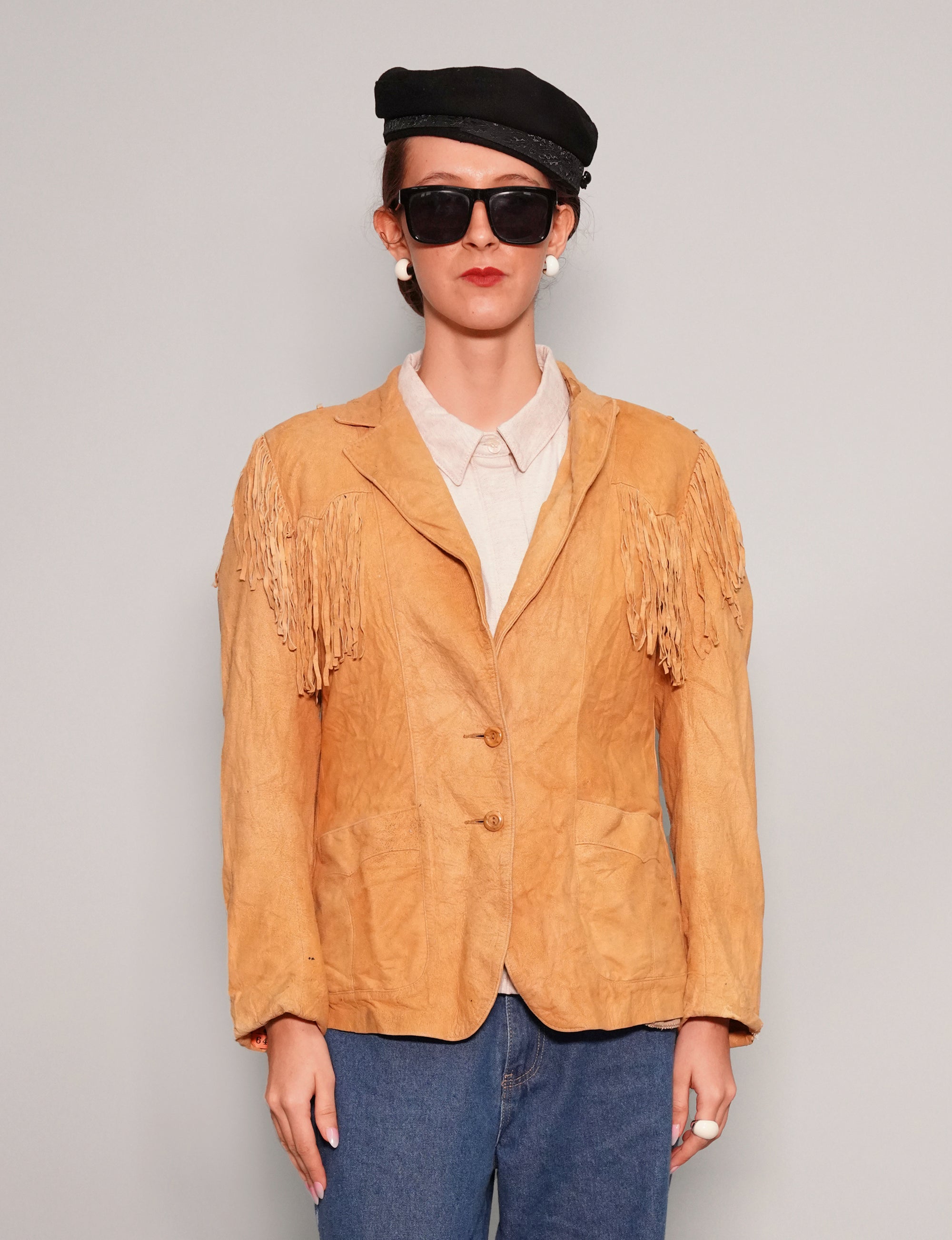 Women's Vintage Fringe Leather Cowgirl Jacket in Yellow | Stuart Trevor