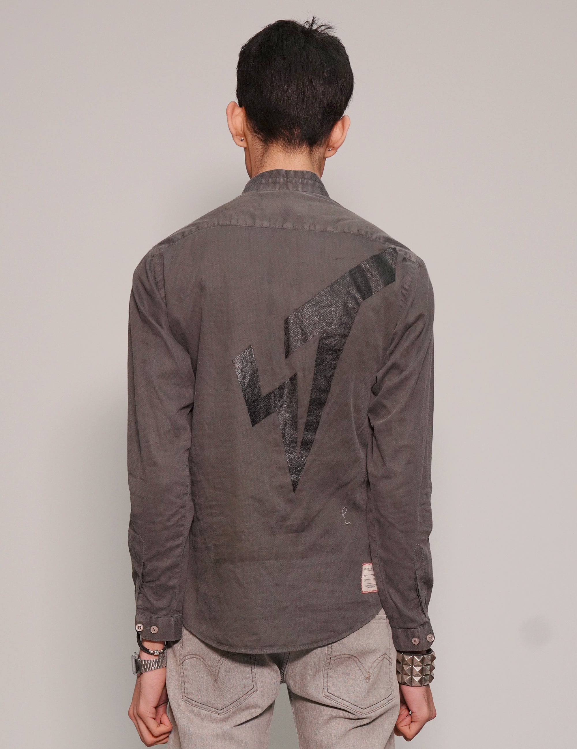 Men's Dark Grey Grandad Shirt with David Bowie Print | Stuart Trevor