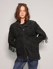Women's Vintage Fringe Leather Jacket in Black | Stuart Trevor