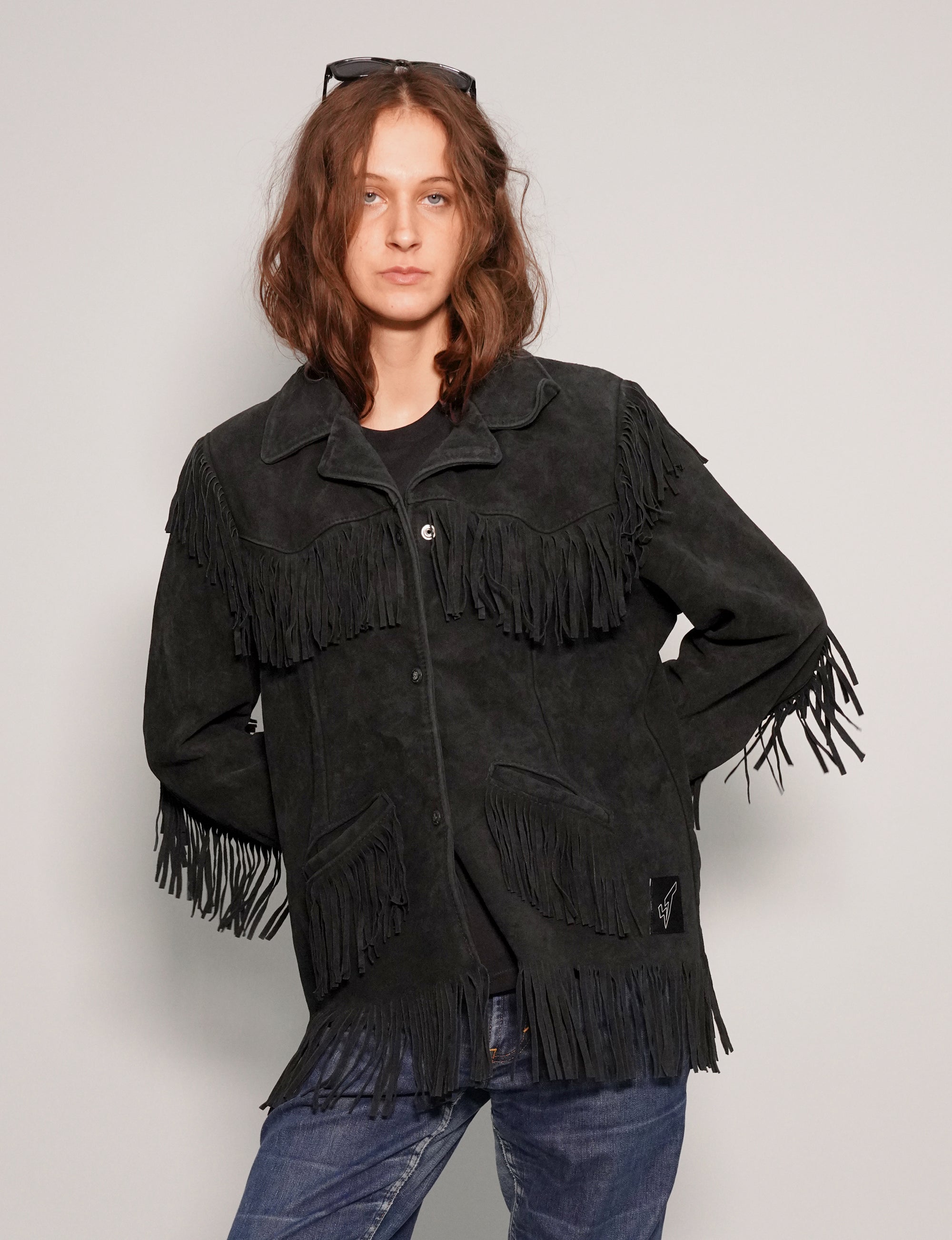 Women's Vintage Fringe Leather Jacket in Black | Stuart Trevor