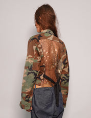 Women's Vintage Camo Cropped Army Shirt with Gold Sequin Sheer Back | Stuart Trevor
