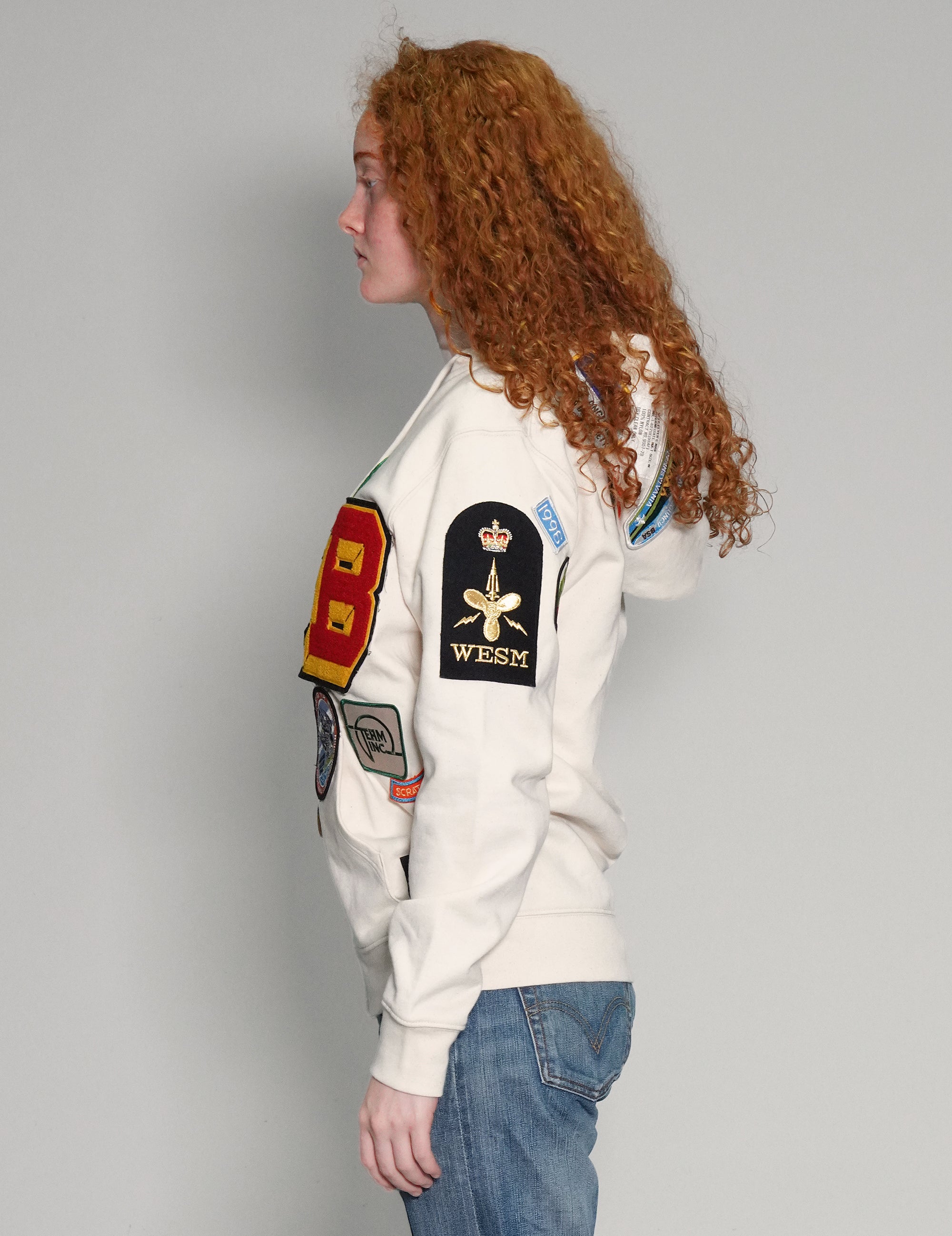 Patched Zip Hoodie in Ecru