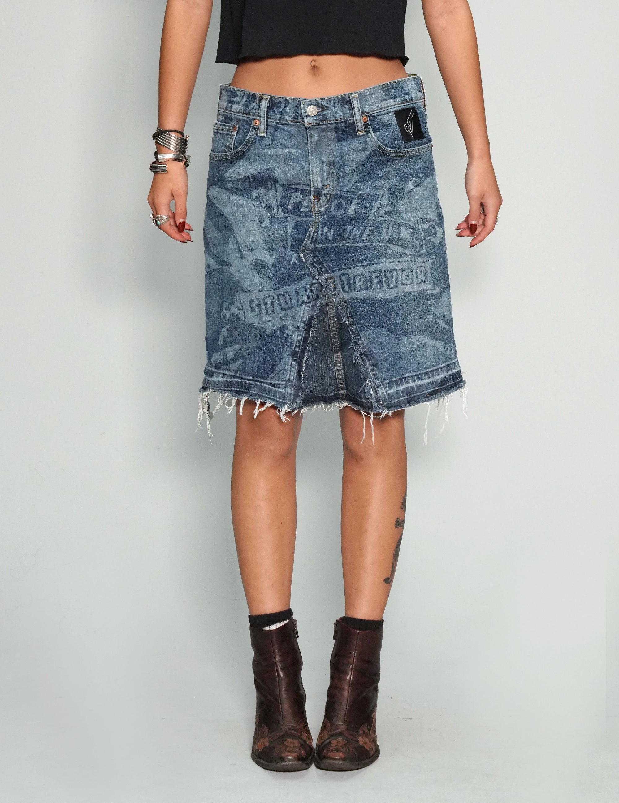 'Peace' Laser Print Denim Jean Skirt in Blue