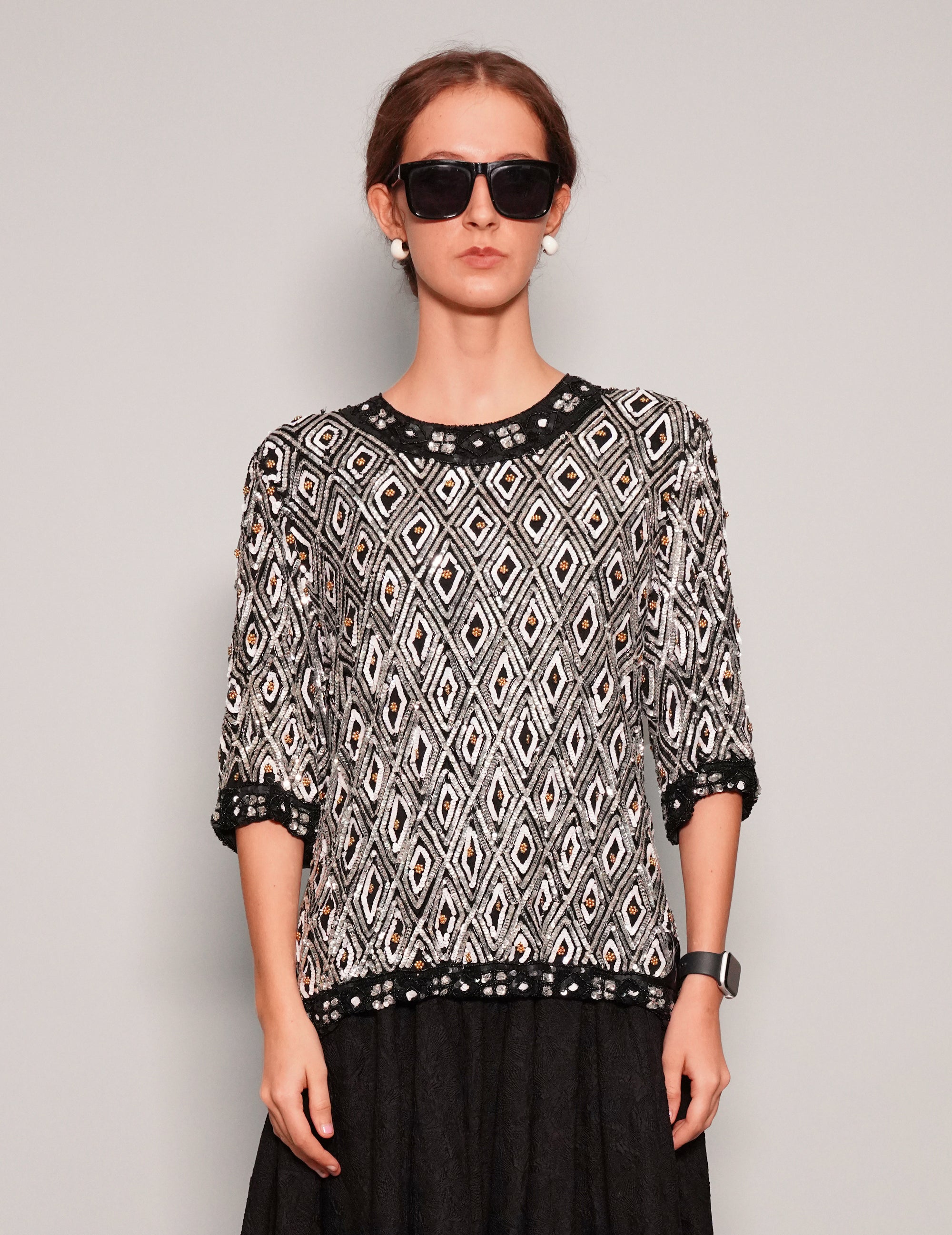 Women's Vintage Sequin Top in Black and White | Stuart Trevor