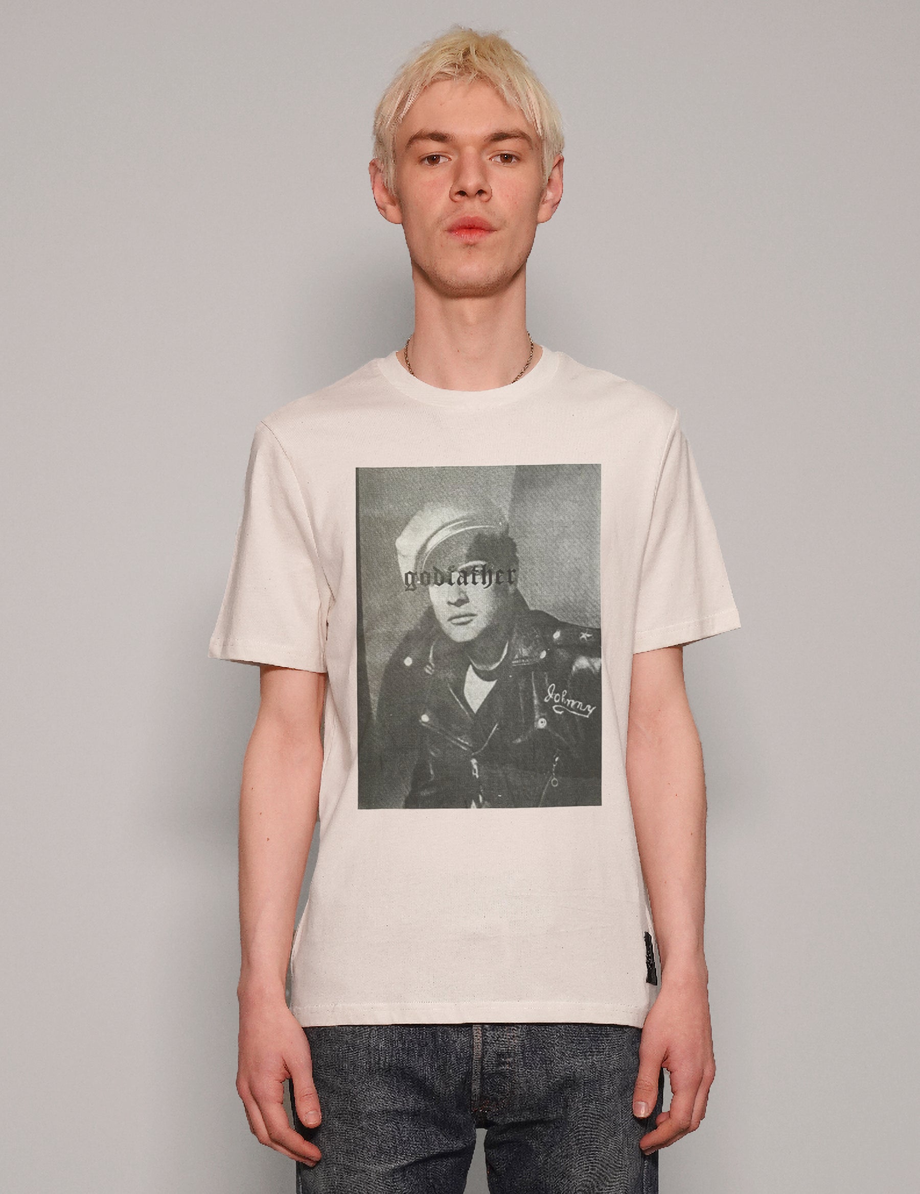 Men's Graphic T-Shirt with the Godfather Print in White | Stuart Trevor