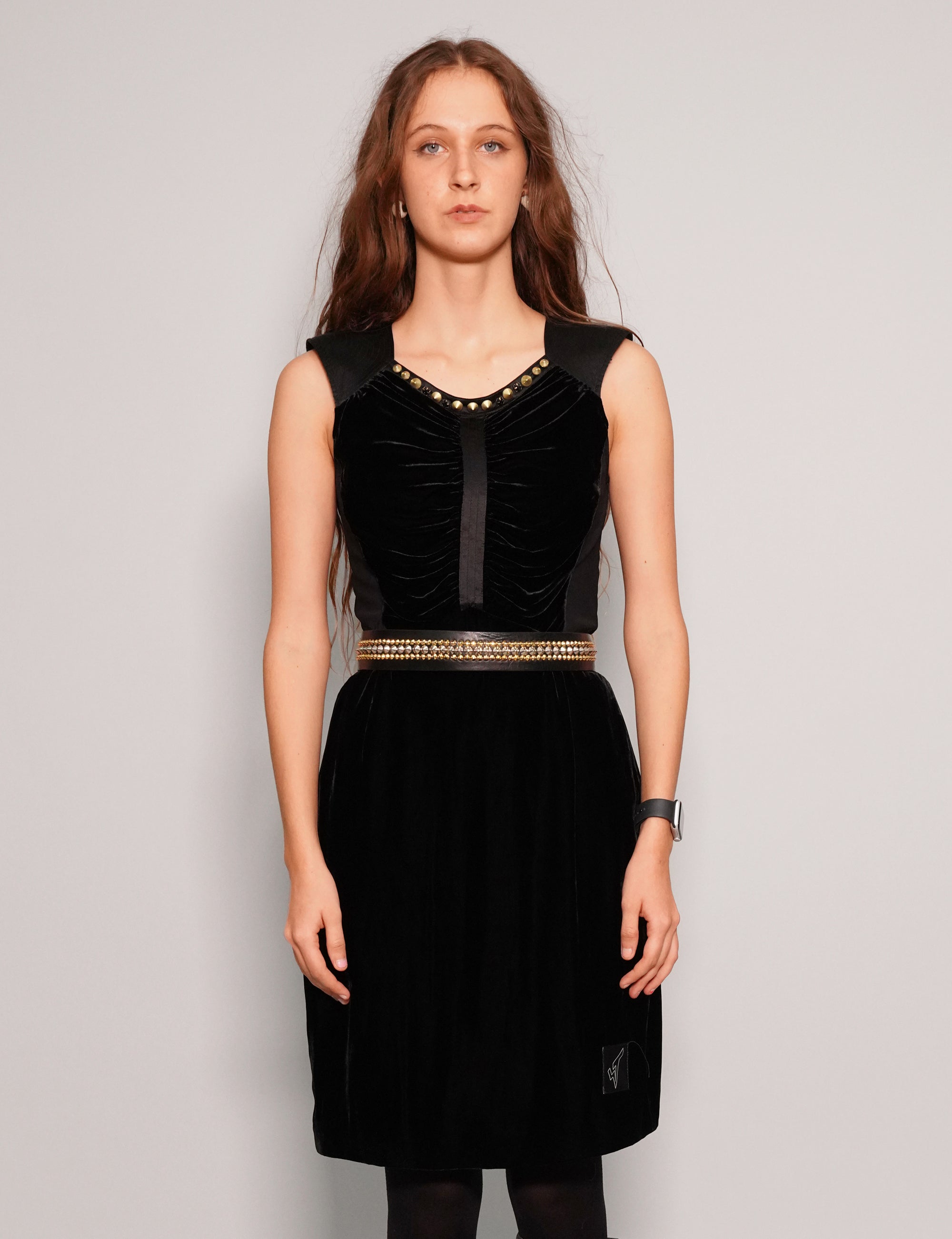 Women's Vintage Velvet Mini Dress with Studded Neckline in Black | Stuart Trevor