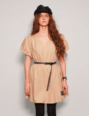 Women's Mini Smock Dress with Puff Sleeves in Beige| Stuart Trevor