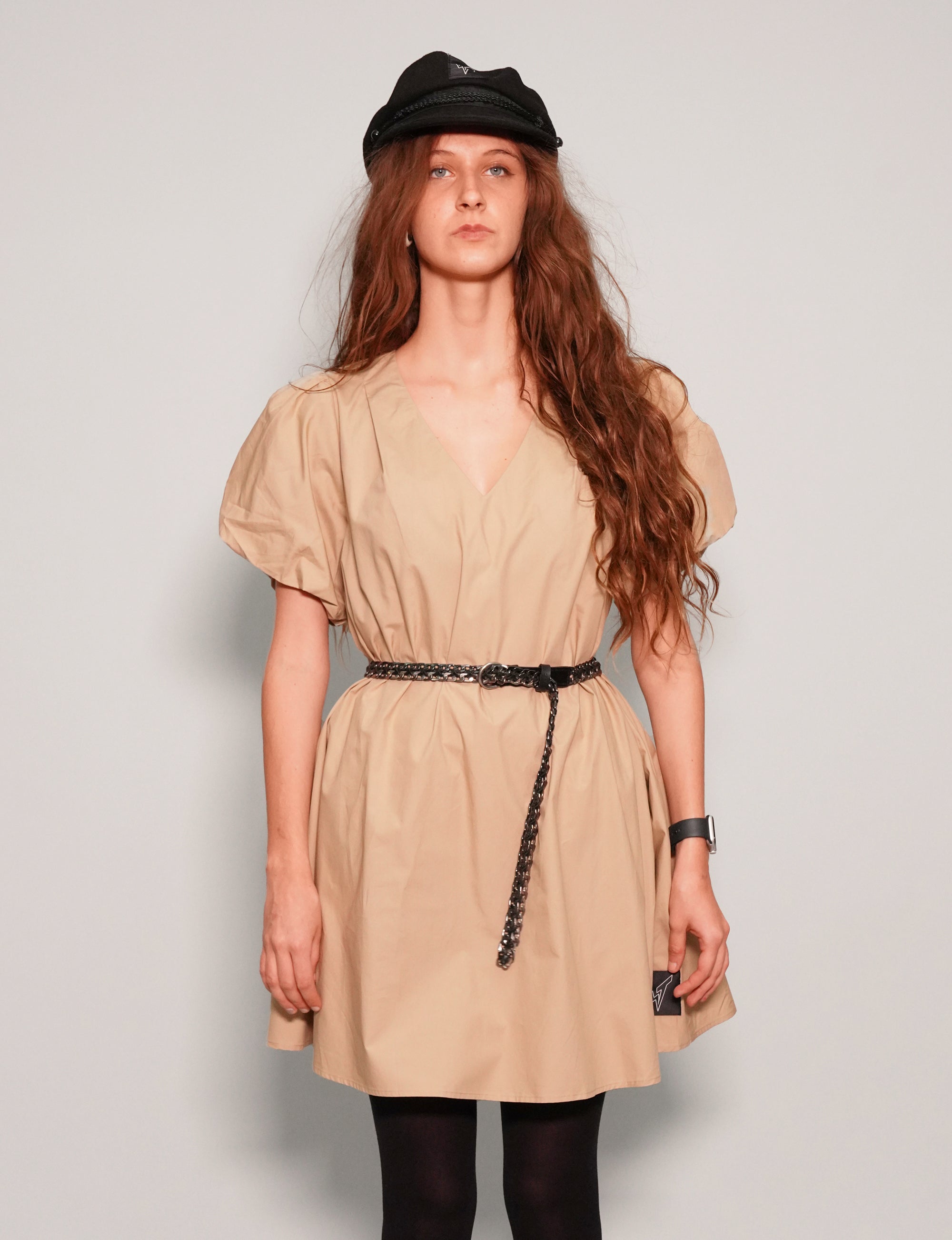 Women's Mini Smock Dress with Puff Sleeves in Beige| Stuart Trevor