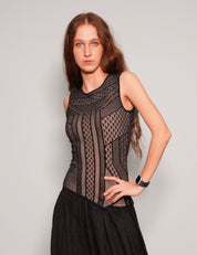 Women's Vintage Two-Tone Vest Top with Geometric Pattern in Black | Stuart Trevor