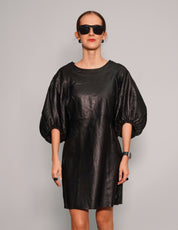 Women's Vintage Black Leather Mini Dress with Puff Sleeve| Stuart Trevor
