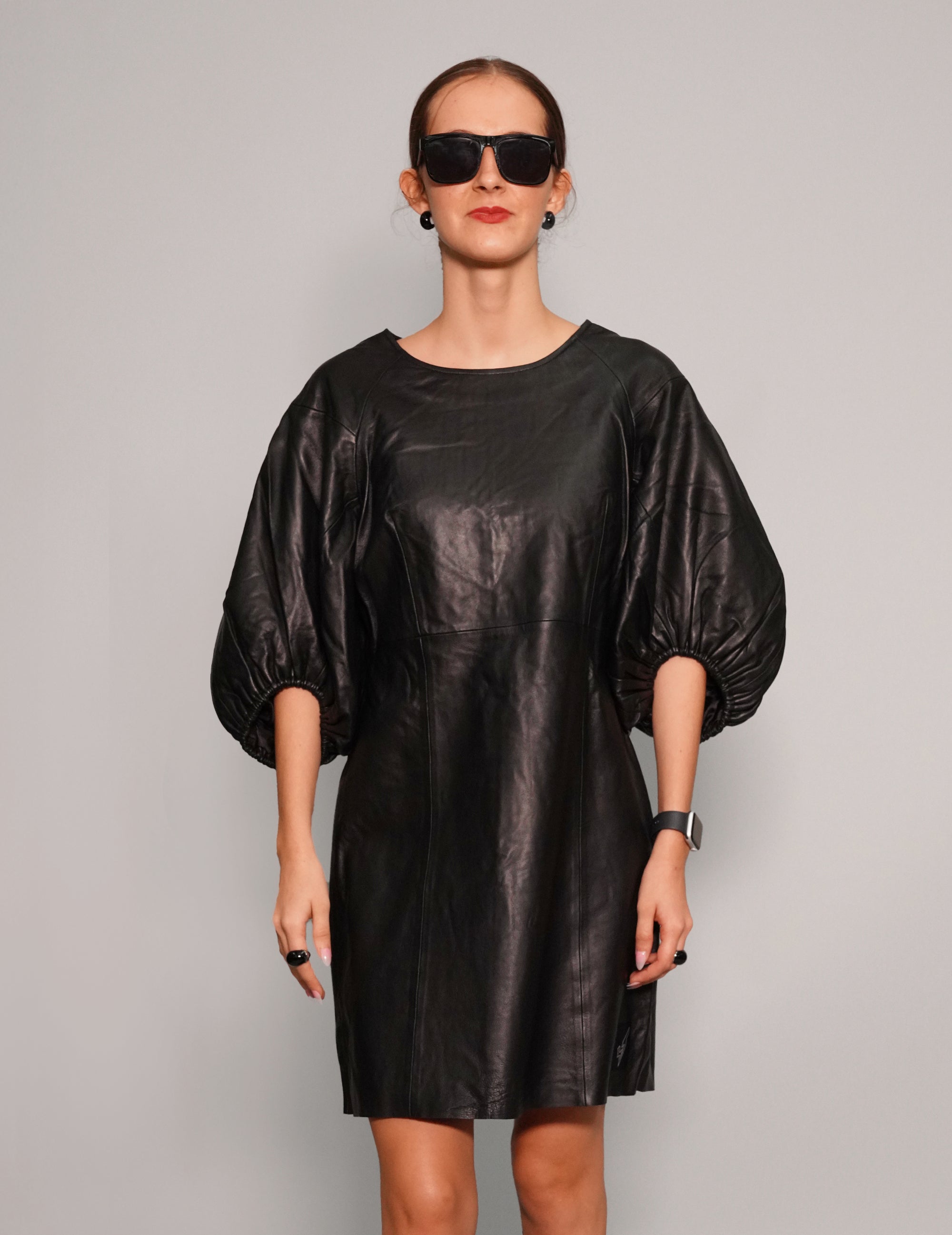 Women's Vintage Black Leather Mini Dress with Puff Sleeve| Stuart Trevor