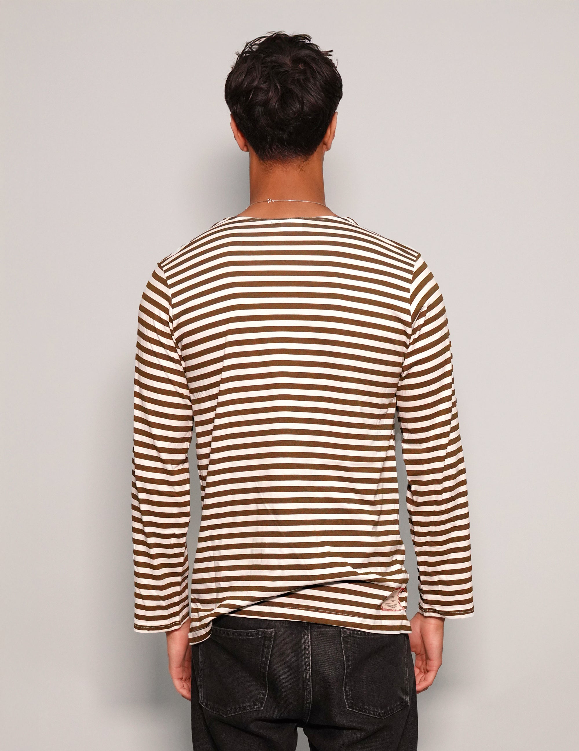 Men's Vintage Khaki Striped Long Sleeve T-Shirt | Stuart Trevor