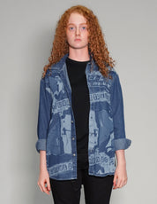 'Peace' Laser Print Denim Shirt in Blue