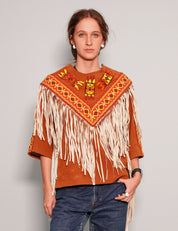 Women's Vintage Fringe Leather Jacket with Aztec Pattern in Orange | Stuart Trevor