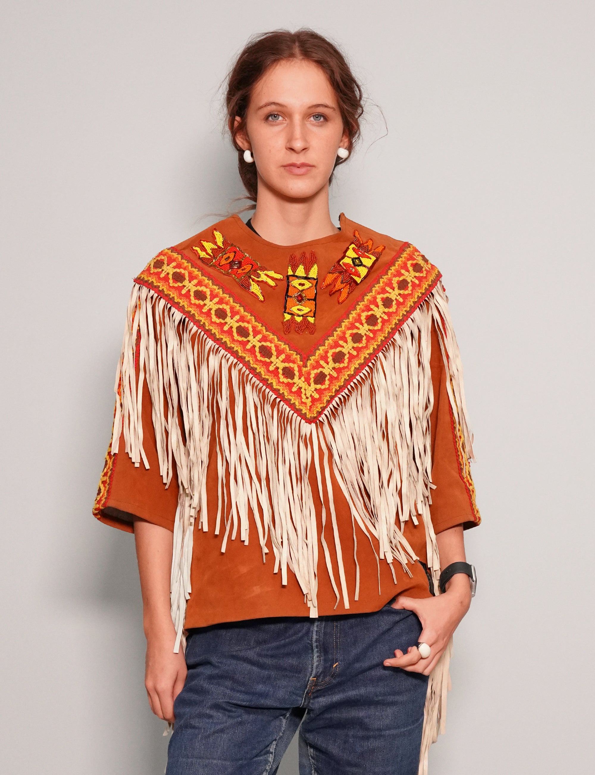 Women's Vintage Fringe Leather Jacket with Aztec Pattern in Orange | Stuart Trevor