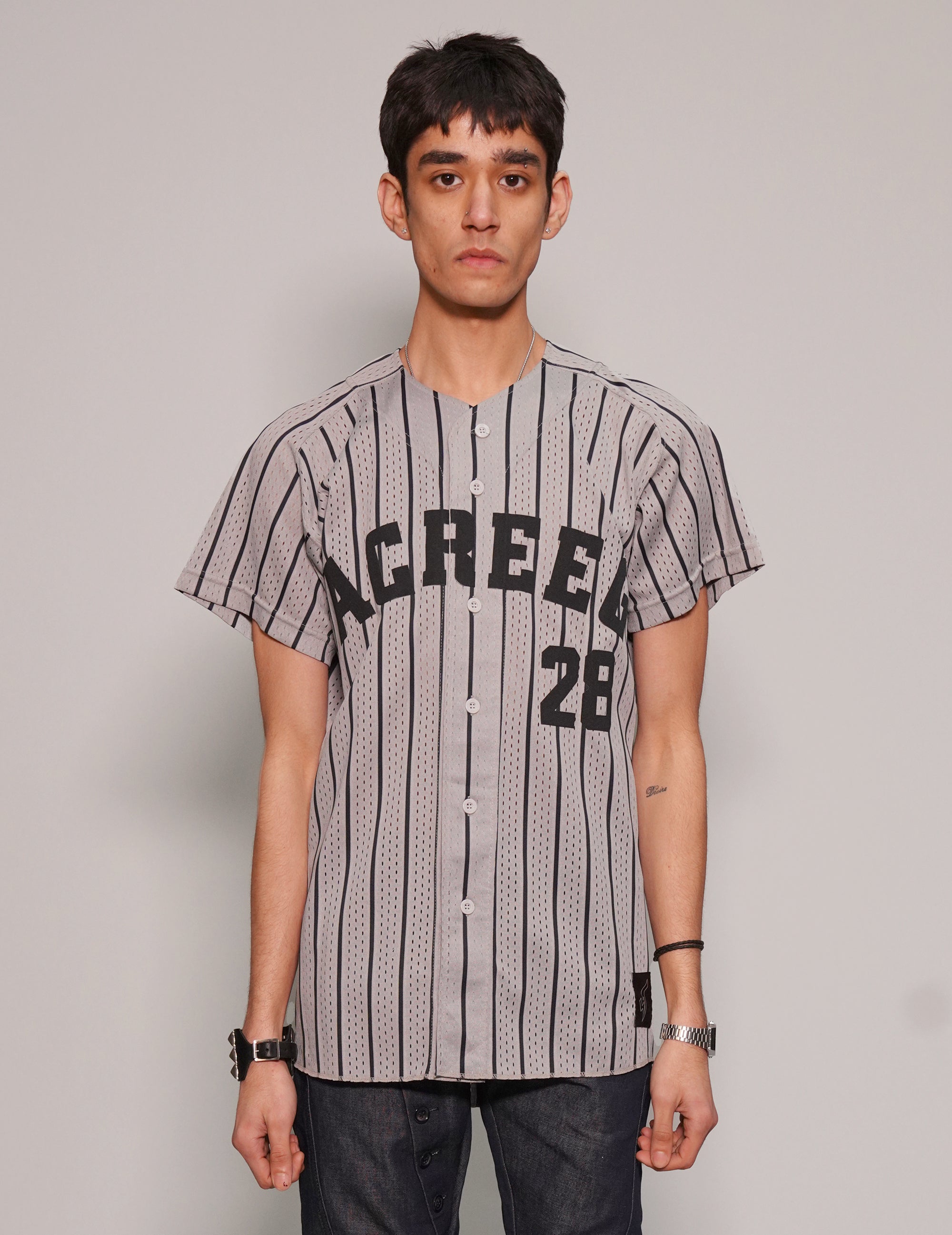 Men's Vintage Striped Baseball Jersey in Grey | Stuart Trevor