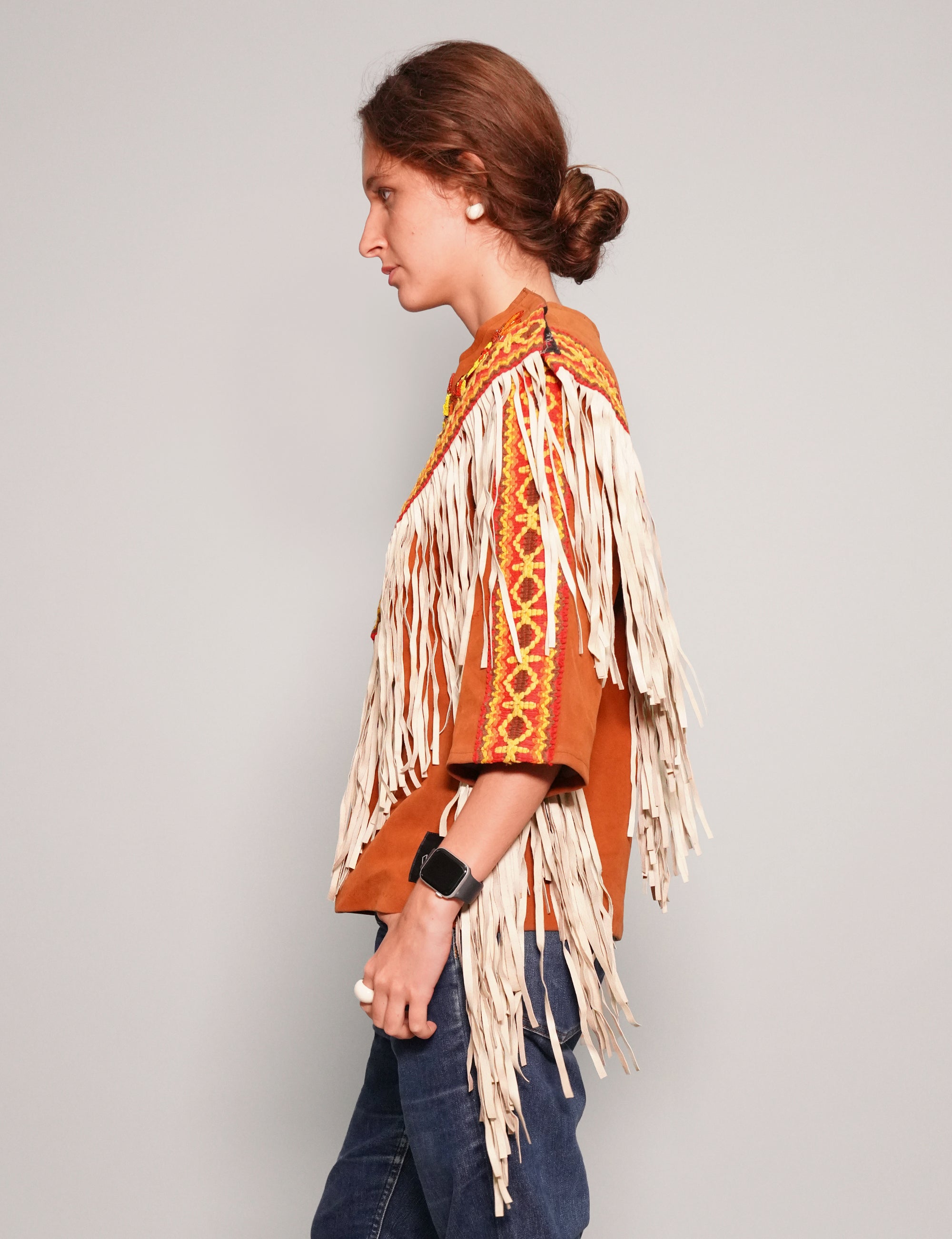 Women's Vintage Fringe Leather Jacket with Aztec Pattern in Orange | Stuart Trevor