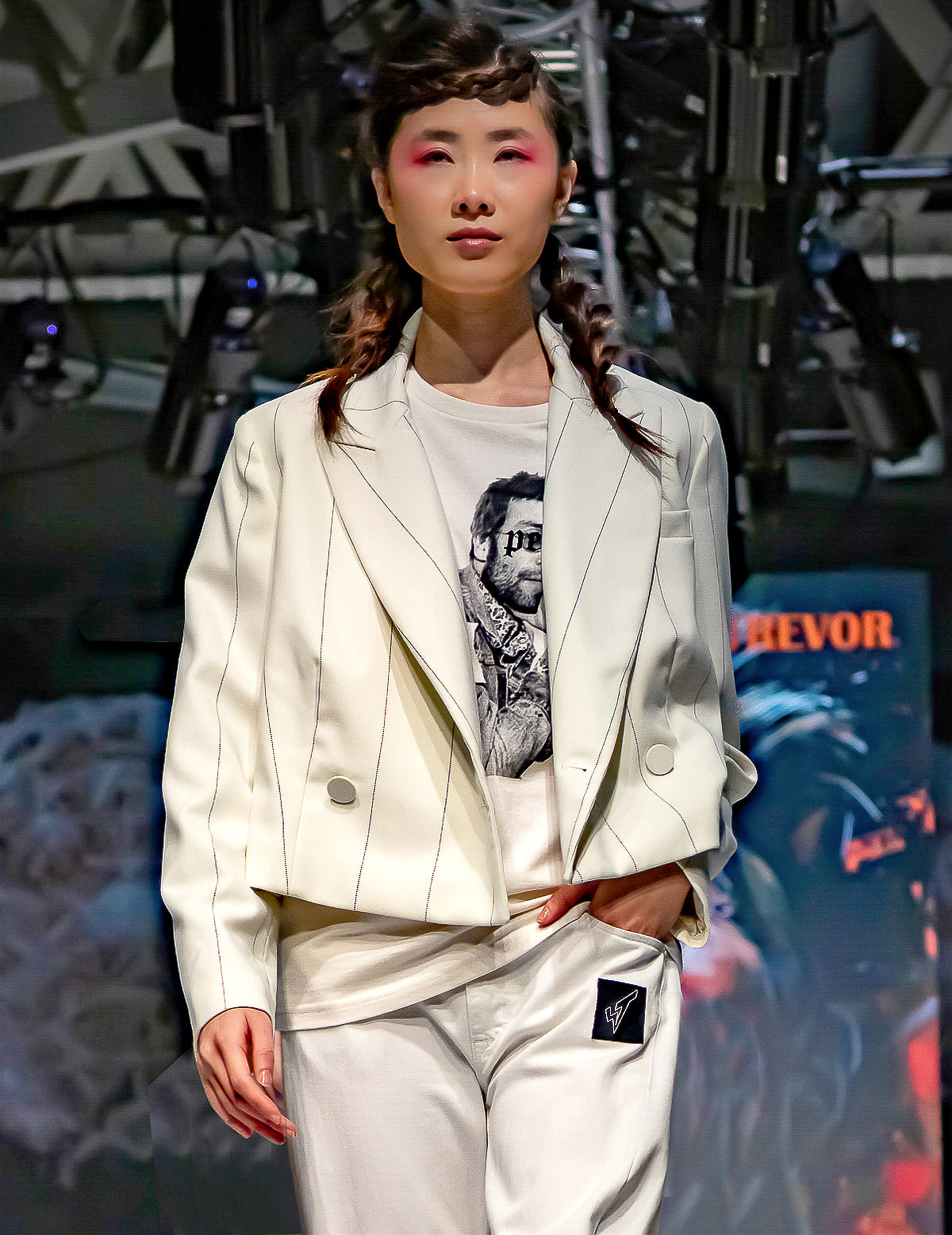 Women's Vintage Cropped Pinstripe Blazer in White| Stuart Trevor