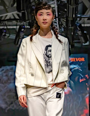 Women's Vintage Cropped Pinstripe Blazer in White| Stuart Trevor