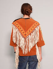 Women's Vintage Fringe Leather Jacket with Aztec Pattern in Orange | Stuart Trevor